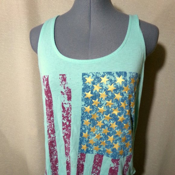 FREEZE Flag Crochet Lace trim Tank Top Jr. L Mint Green Sheer back Scoop neck - Picture 1 of 6